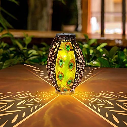 Miniatura 2 de Faroles solares colgantes para exteriores, impermeables, de cristal, luces de pavo real, luces LED ahuecadas de metal, lámparas de mesa LED
