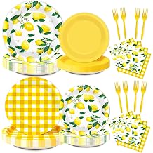 96Pcs Lemon Birthday Party Decorations Lemon Plates and Napkins Yellow Plaid Paper Plates Citrus Fruit Disposable Tableware for Summer Wedding Baby Shower Party Decoration Serve 24 Lemons