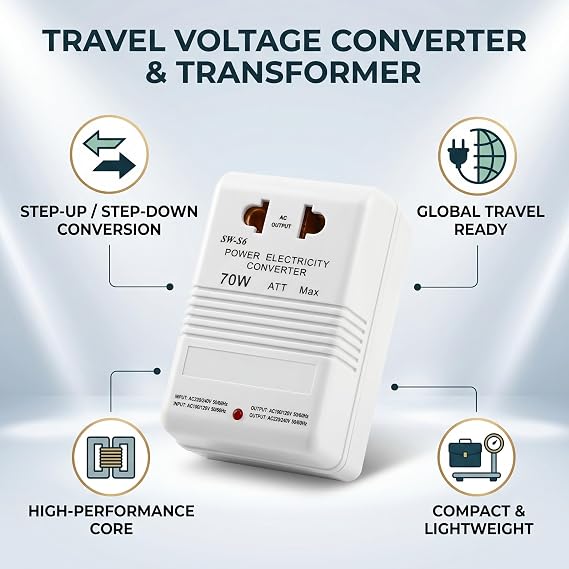 Step Up Down Voltage Converter 70W, CN Plug 110V to 220V Travel | Portable ABS transformer, dual channel bidirectional conversion, ideal for 30W small appliances, lightweight compact design