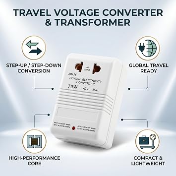 Step Up Down Voltage Converter 70W, CN Plug 110V to 220V Travel | Portable ABS transformer, dual channel bidirectional conversion, ideal for 30W small appliances, lightweight compact design