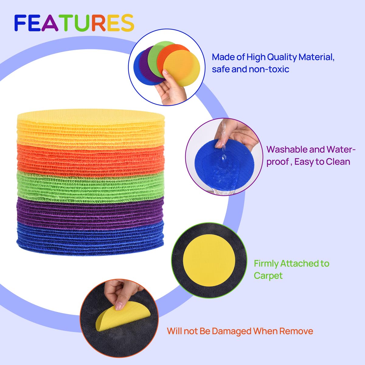 40 Pennarelli Per Tappeti Colorati 10,2 Cm | Quadrotte In Nylon Con Velcro Per Aule, Giochi E Attività Bambini (5 Colori)