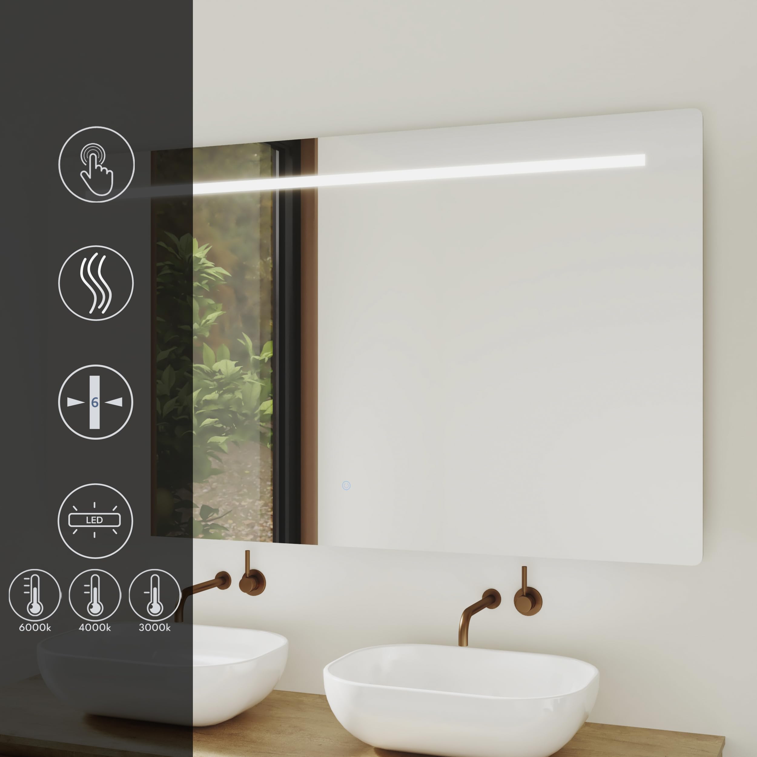 Baikal Specchio da bagno rettangolare | 90 x 80 cm | Spessore 6 mm | Barra LED | Touch con anti-appannamento | Tonalità 3500 K/4000 K/6000 K | Specchio con luce | Specchio con LED.