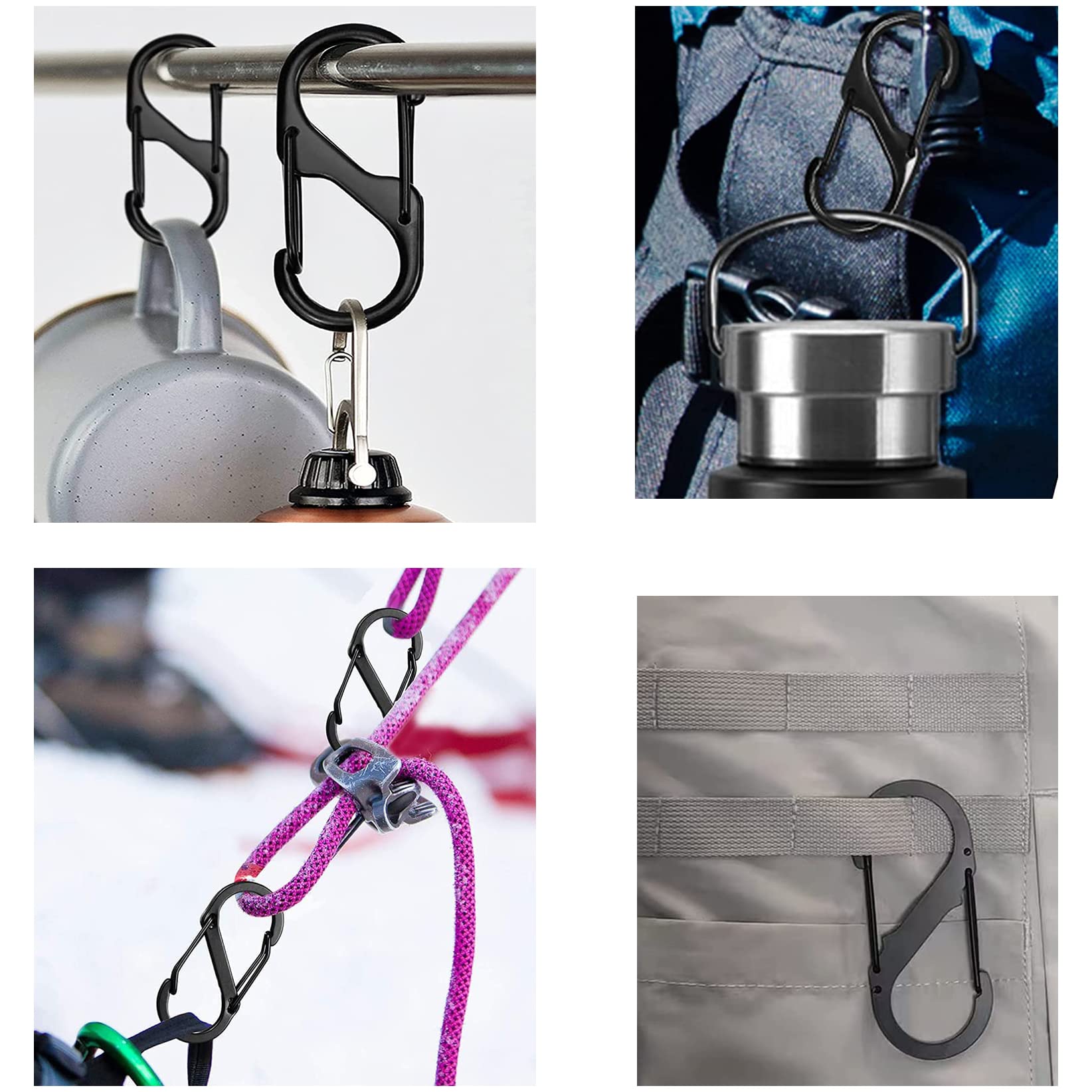 20 Moschettoni A Forma Di S In Alluminio | 40 Mm Neri | Mini Portachiavi Per Campeggio, Pesca, Escursioni