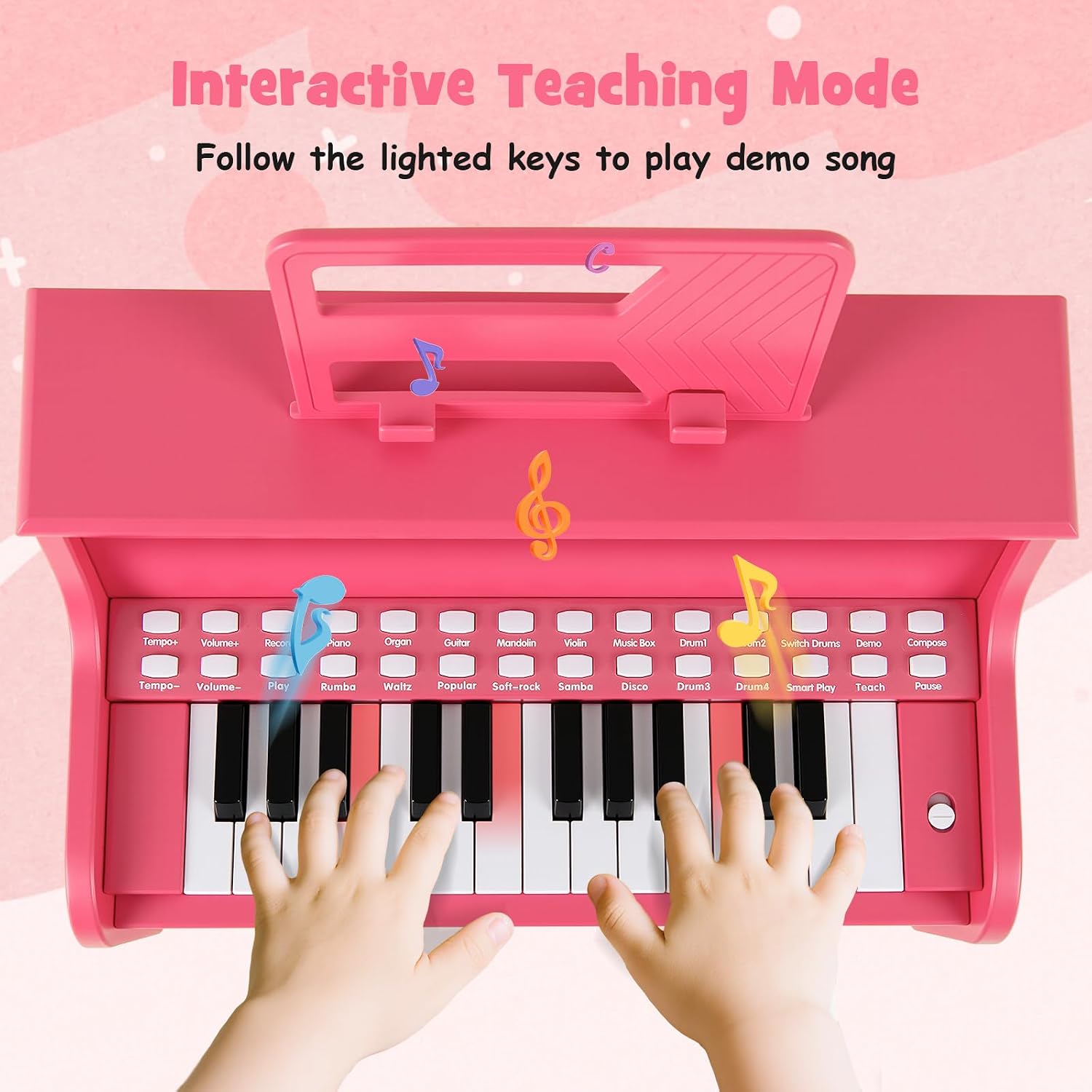 Costzon 25 Keys Kids Piano Keyboard, Mini Digital Piano Wooden Toy w/ Adjustable Speed & Volume, Teaching Mode, Removable Music Stand, Educational Music Instrument for Kids Aged 3+ (Pink,with Stool)