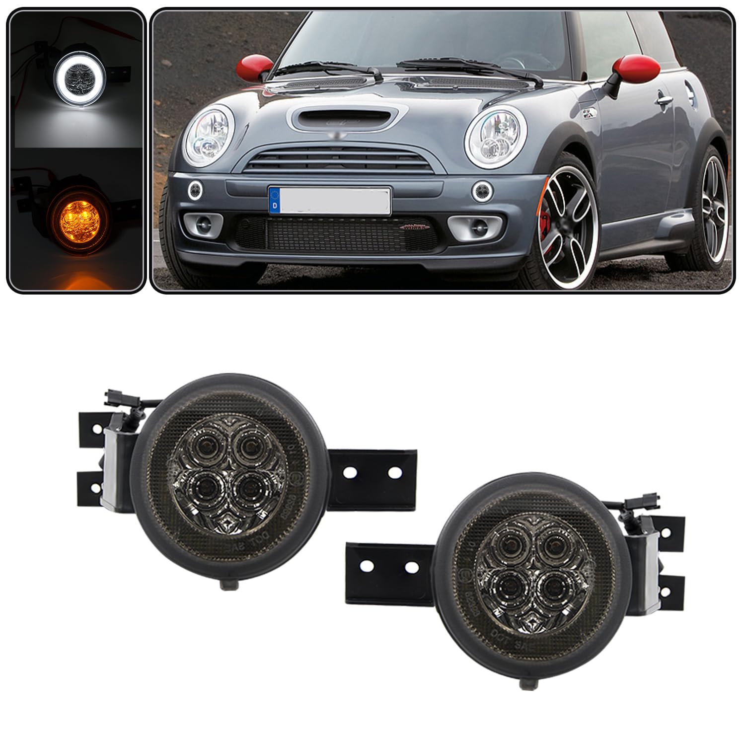 Bianco/Ambra Switchback LED DRL Halo Ring Luce di marcia diurna Indicatore di direzione per 2002-2006 M/ini Cooper R50 R53 Hatchback 2005-2008 R52 Convertibile 2 pezzi Lente fumé