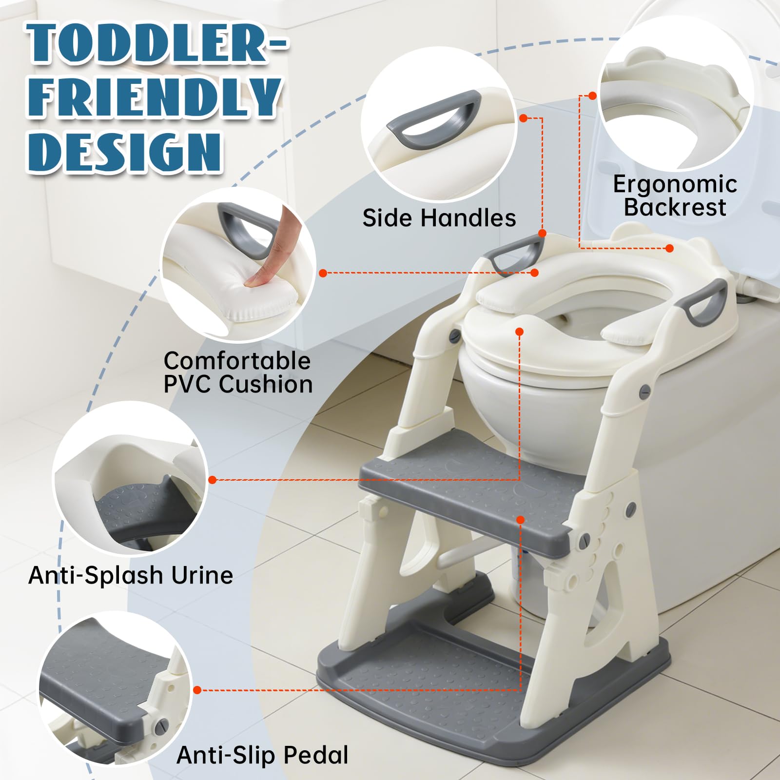 Potty Training Toilet Seat, Stable Potty Training Seat with Step, 2-in-1 Toddler Toilet Seat with Steps for Kids Boys Girls Toddler Potty with Ladder Splash Guard Non-Slip - 4