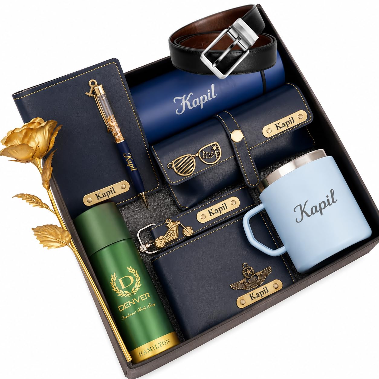 Dream Gift Glore Name Customized Mens Gift Hamper Set with Coffee Mug, Water Bottle, Passport Cover, Pen, Mens Wallet, Sunglasses Cover, Keychain, Deodorant, Golden Rose and Mens Belt-image-37