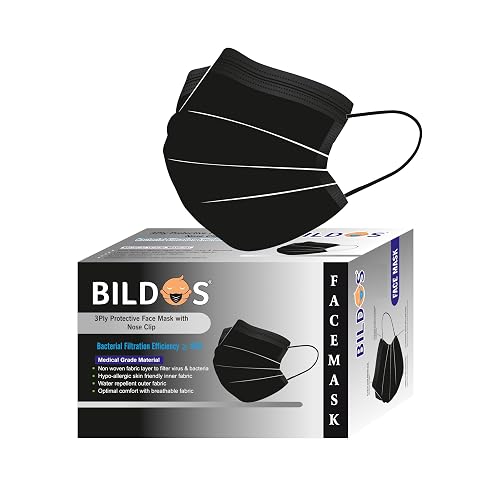 Bildos Melt-Blown Fabric 1000 Pieces Mask 3 Layer Disposable Surgical Face Mask with Nose Clip For Men & Women For Home, Office, School, and Outdoors, Black