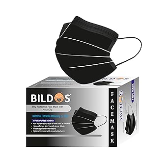 Bildos Melt-Blown Fabric 200 Pieces 3 Layer Disposable Face Mask with Nose Clip for Men & Women For Home, Office, School, and Outdoors, Black