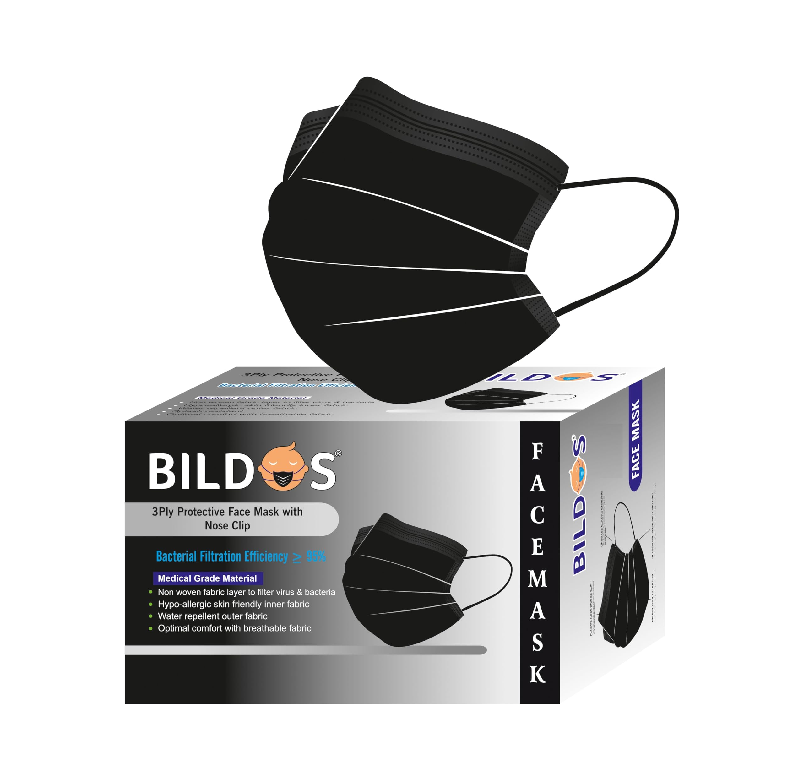 Bildos Melt-Blown Fabric 1000 Pieces Mask 3 Layer Disposable Surgical Face Mask with Nose Clip For Men & Women For Home, Office, School, and Outdoors, Black