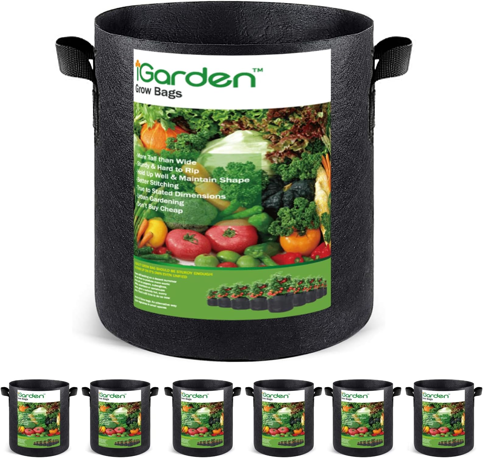 iGarden Grow Bags Tall, 10 Gallon Grow Pots 6 Pack with Handles, Heavy Duty 320G Thickened Nonwoven Fabric Plant Bag for Vegetables, Black