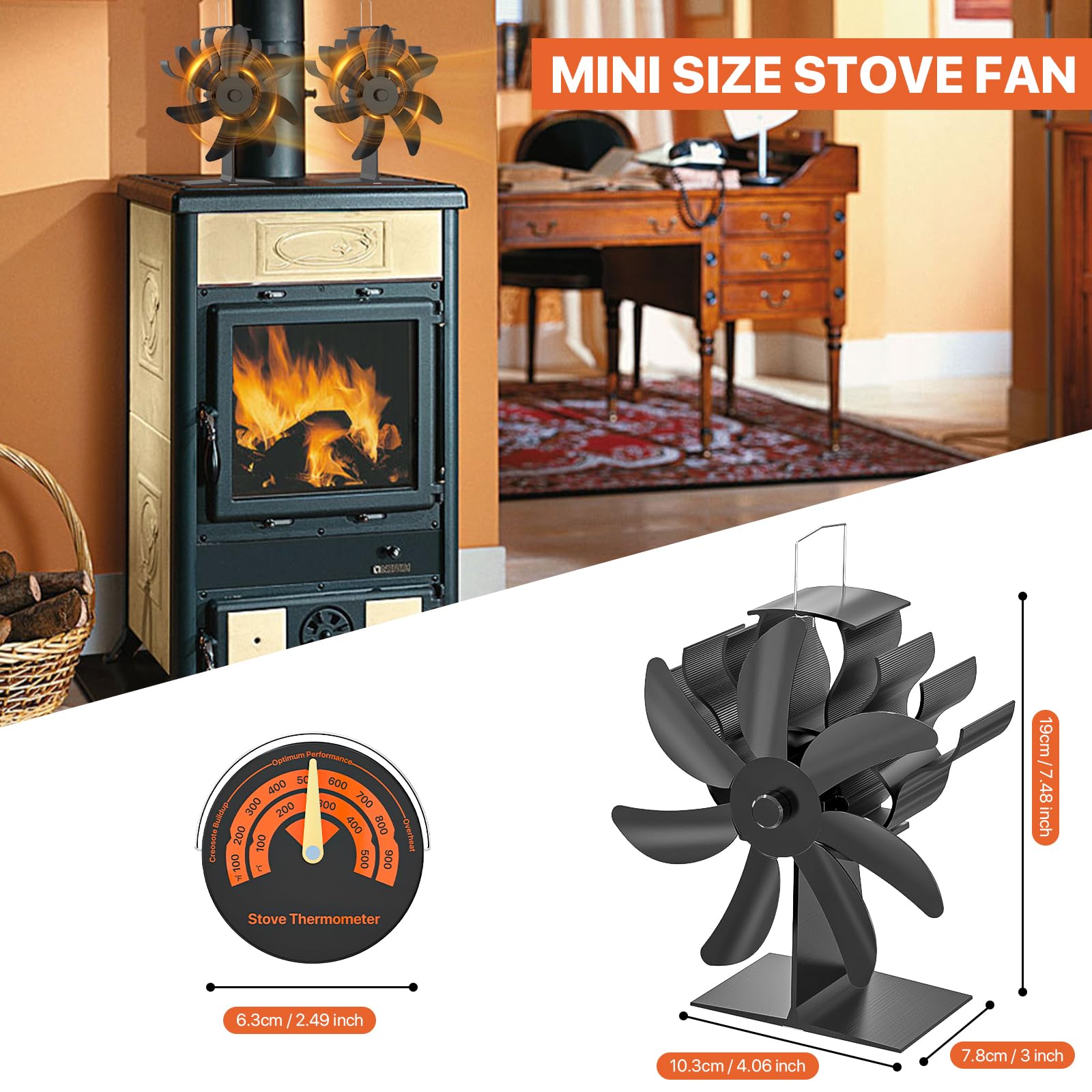 Ventola per Stufa a Legna, 7 Foglie Ventilatore per Stufa Non Elettrico, Ventilatore per Camino con Termometro, Ecologico Silenzioso Ventola Stufa a Gas Pellet Legna