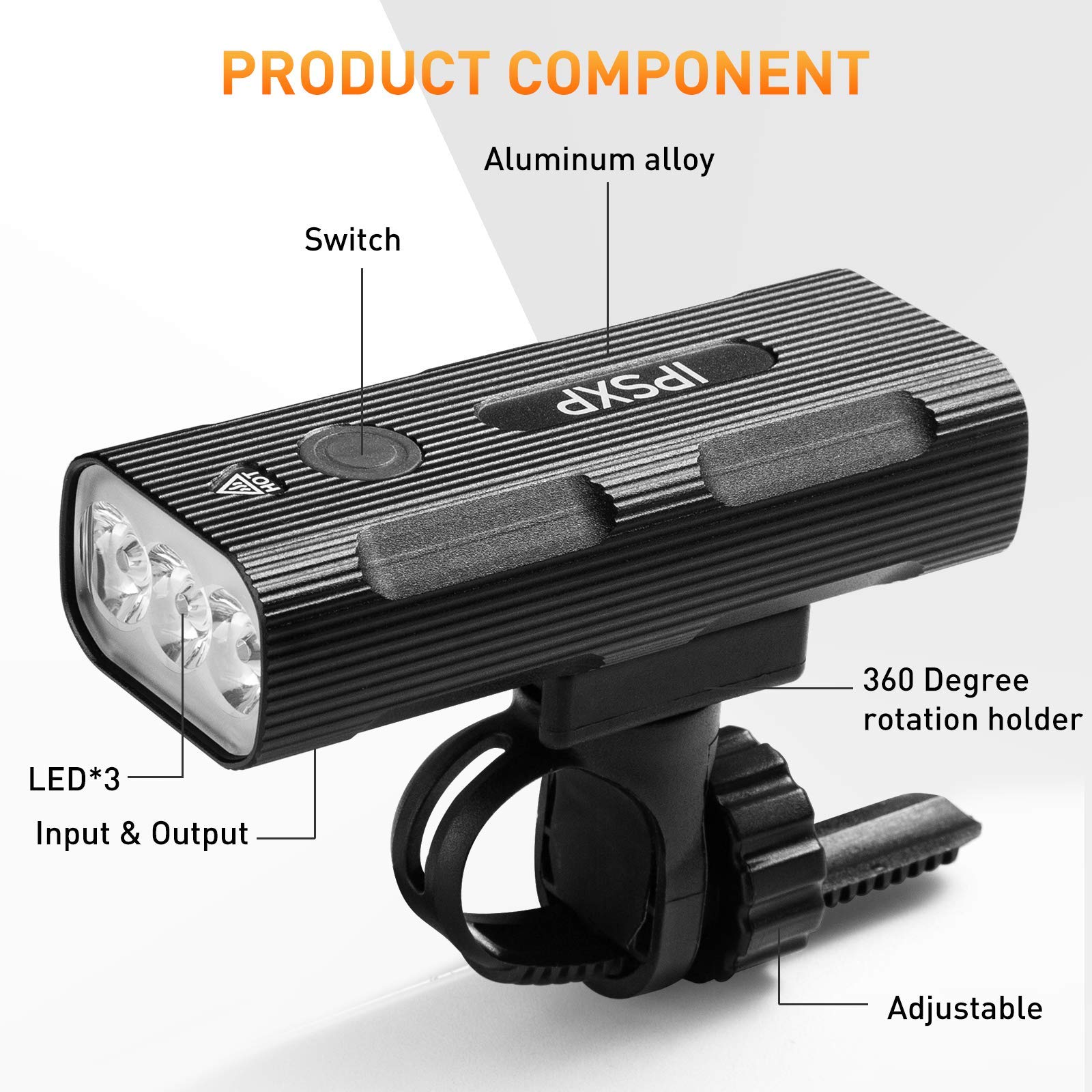Lampe Vélo IPSXP Avant Et Arrière – 1000 Lumens, USB Rechargeable, Autonomie 20h+, IPX5, 3 Modes, Support 360° – Pour VTT, Route, Urbain