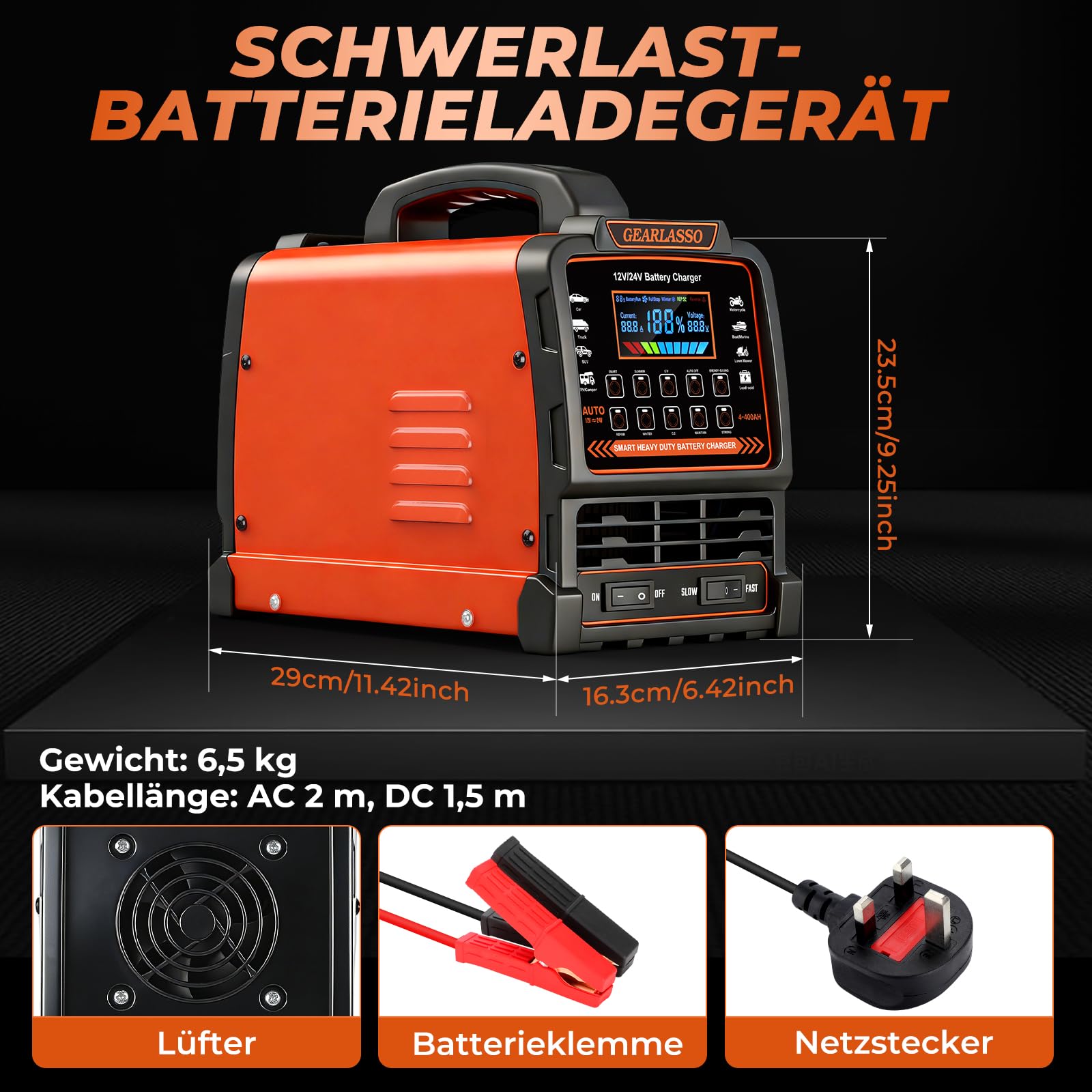 12V 24V Autobatterie Ladegerät, 0-15A Batterie-Erhaltungsgerät mit automatischer Abschaltung, 10 Lademodi inkl. CV/CC- & Strong-Modus, Smart Erhaltungs-Ladegerät für Auto, LKW, Motorrad, RV