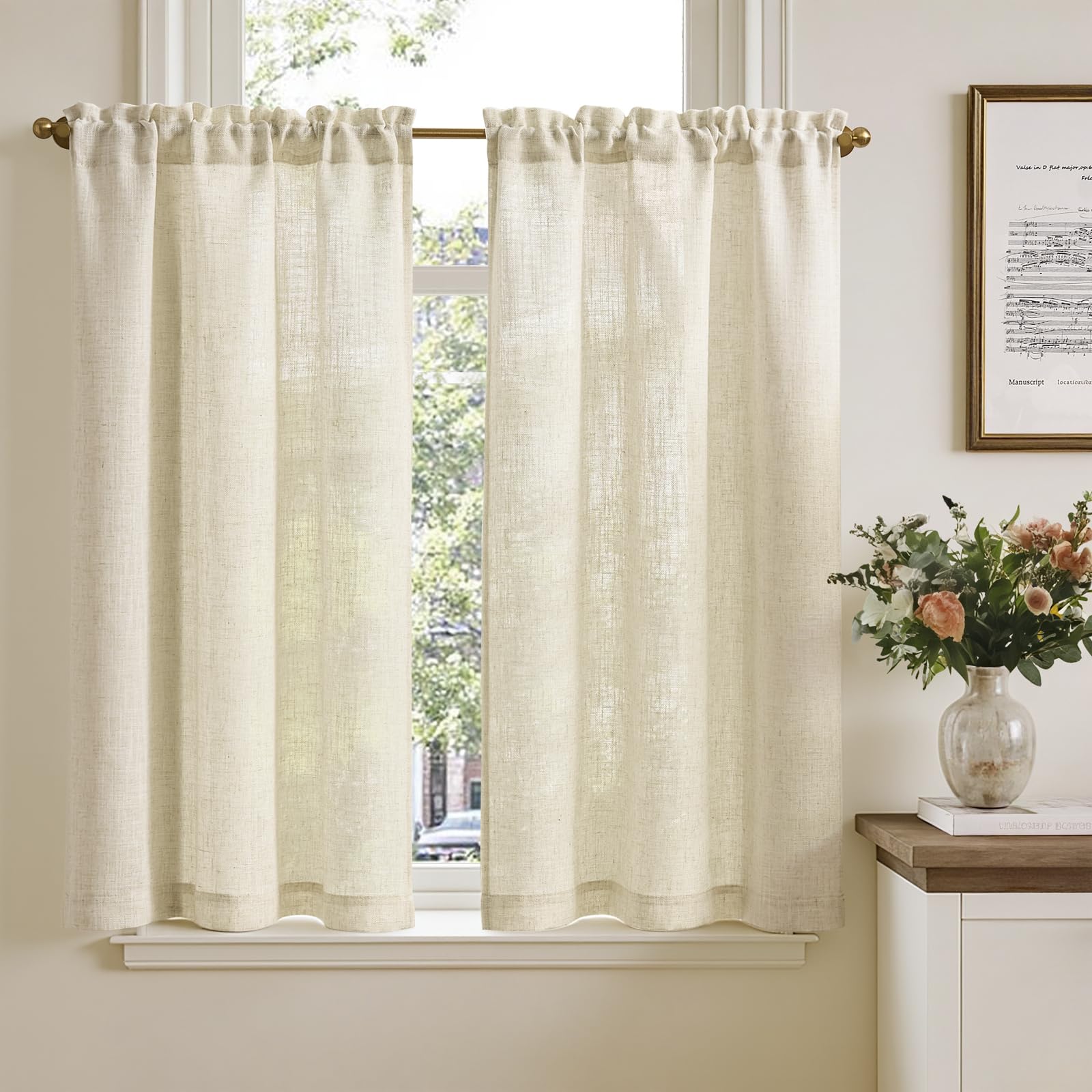 TOPICK Scheibengardinen Leinenoptik Bistrogardine für Wohnzimmer Küche Kleine Fenster Lichtdurchlässig Küchenvorhänge Kurz Gardinen Landhaus Scheibengardinen Tunnelzug 2er Set 65x115 cm Natur