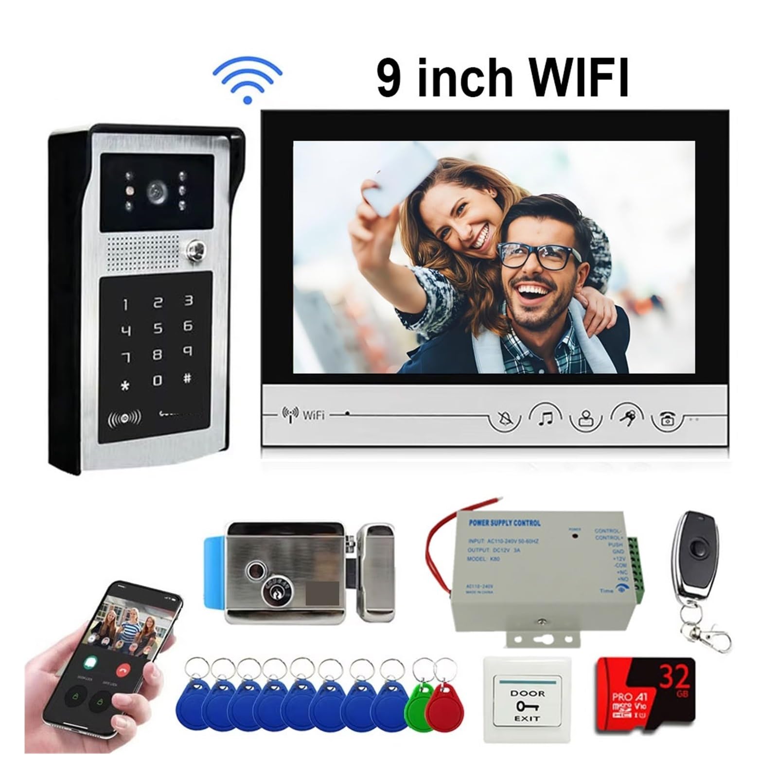 Sonnette Vidéo 4 en 1 9 Pouces avec Déverrouillage Wi-FI, Interphone Vidéo, Caméra avec Mot De Passe Et Serrure De Porte À Commande Électrique