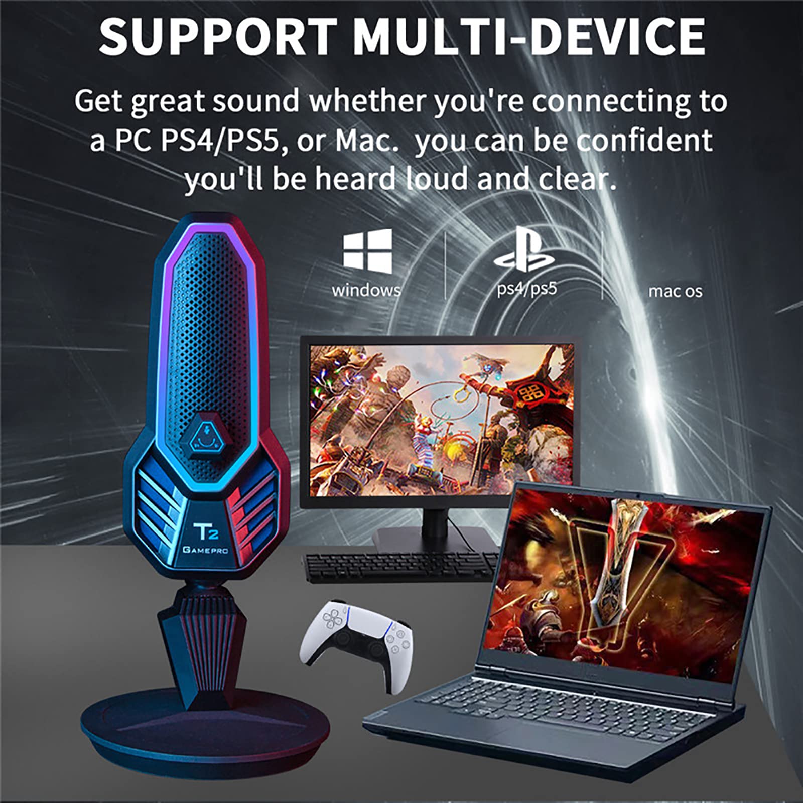 Microfono a Condensatore RGB, Microfono Con Supporto Cardioide USB Da Gioco Con Fantastica Illuminazione RGB, Regolazione Della Rotazione a 360° Per Giochi/streaming/registrazione