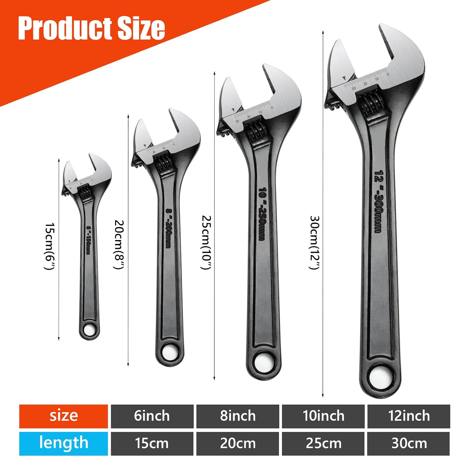 Adjustable Spanner Set, 4PCs Adjustable Wrench Set Shifter Spanners (6''/150mm, 8''/200mm, 10''/250mm, 12''/300mm Wrench) Tools
