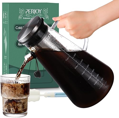 Perjoy Cafetera fría de vidrio grueso de 64 oz2 cuartos de galón con filtro y tapa de acero inoxidable extraíble súper denso, jarra hermética para