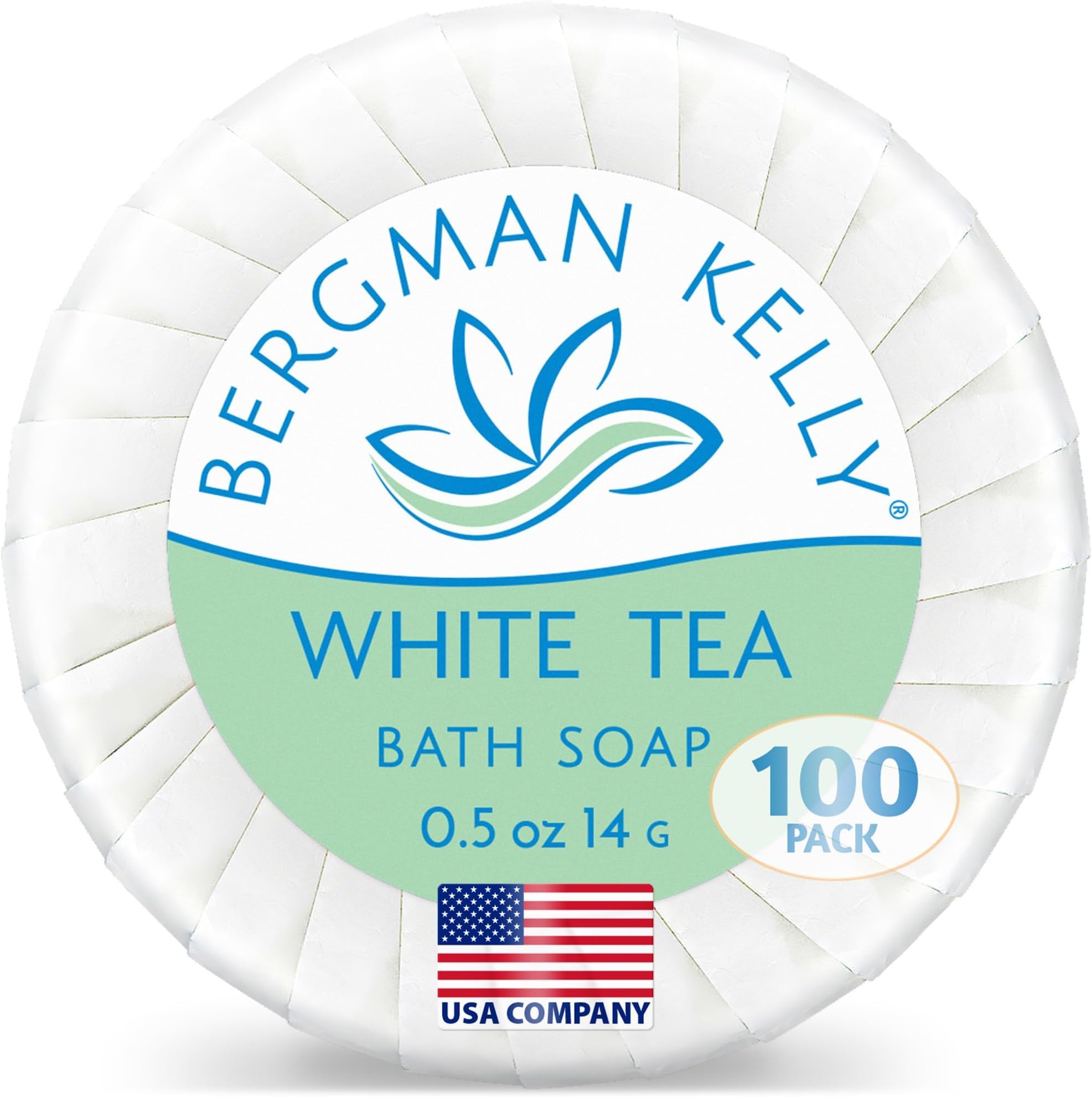 BERGMAN KELLY - Hotel Soap Bars - White Tea, 0.5 oz, 100 PK - Travel Size Luxury Bulk Amenities Bar Soap - Mini Individually Wrapped Round Soap - Small Toiletries for Airbnb, Motel, Guest Bathroom