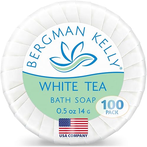 BERGMAN KELLY - Hotel Soap Bars - White Tea, 0.5 oz, 100 PK - Travel Size Luxury Bulk Amenities Bar Soap - Mini Individually Wrapped Round Soap - Small Toiletries for Airbnb, Motel, Guest Bathroom