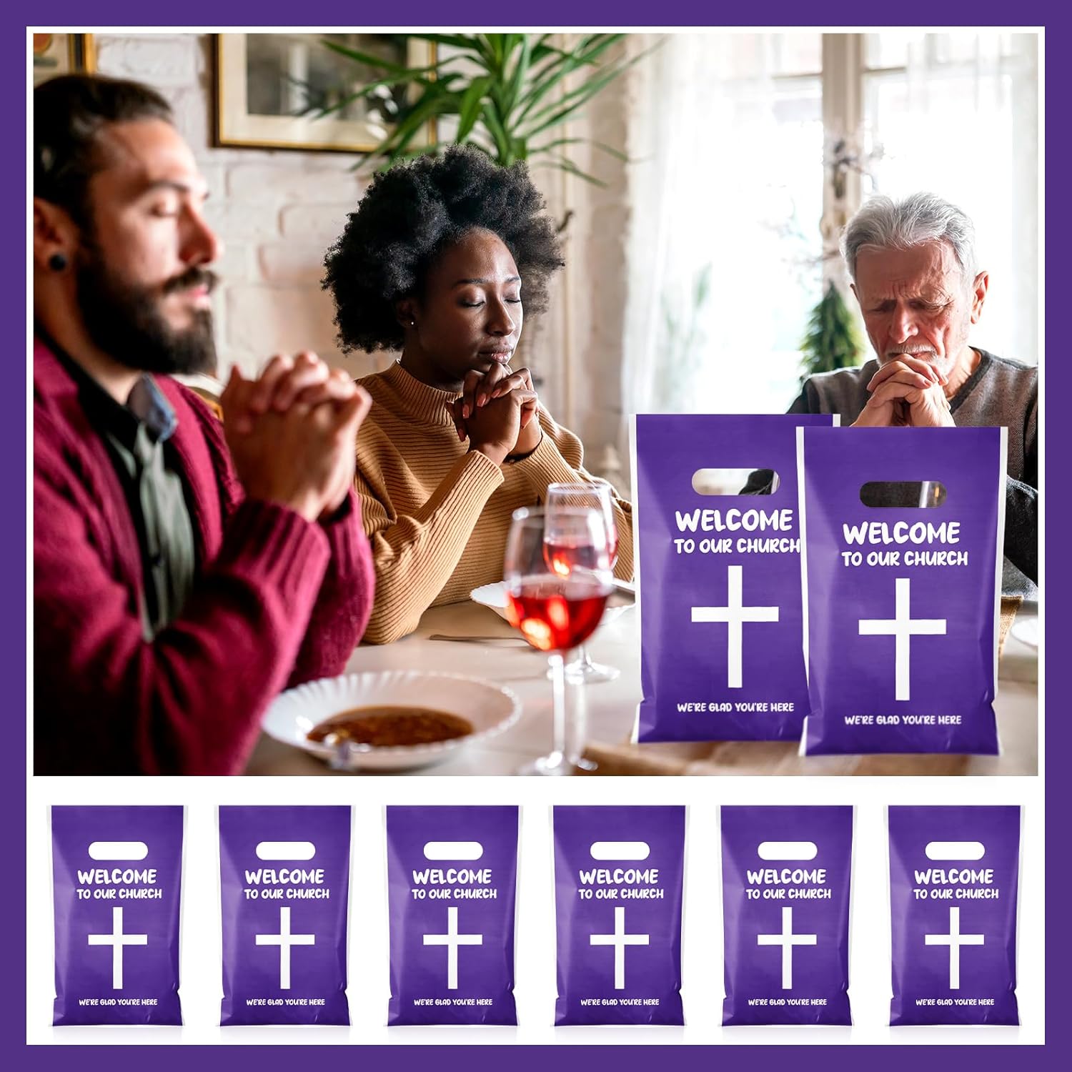 Cholemy 100 Pcs Welcome To Our Church Treat Bags Church Candy Bags with Handle Christian Events Plastic Goodie Colorful Baptism Easter Wedding Party Supplies and Gifts Wrapping, 9.84''x6.5''(Purple) - Image 6