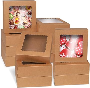 20 Pack of Large Brown Bakery Pastry Boxes with Window, 10 x 10 x 2.5 inch Square Kraft Packaging Boxes for Cookies, Pastry, Cupcakes, Cakes, Biscuits, Desserts, Pies, Macarons