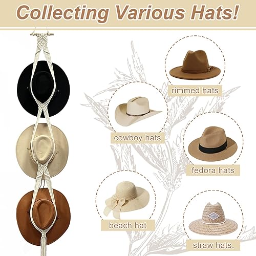 Miniatura 4 de Gute Perchas de macramé para sombreros, perchero bohemio para colgar en la pared, organizador de sombrero de mujer tejido negro y blanco para