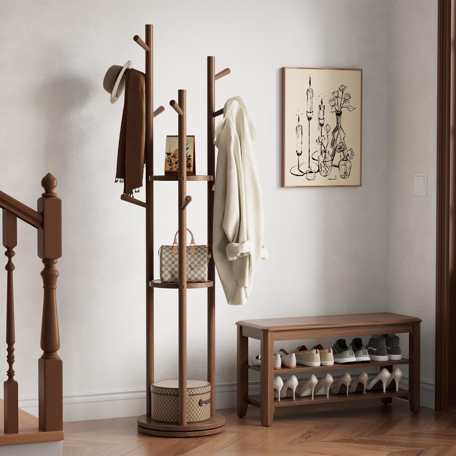 AQIMUELE Portemanteau Rotatif en Bois, Portant à Vêtement d’Entrée, Porte-Manteau sur Pieds pour Vêtements/Sacs/Chapeaux, pour Maison/Bureau/Entrée/Couloir, Noyer