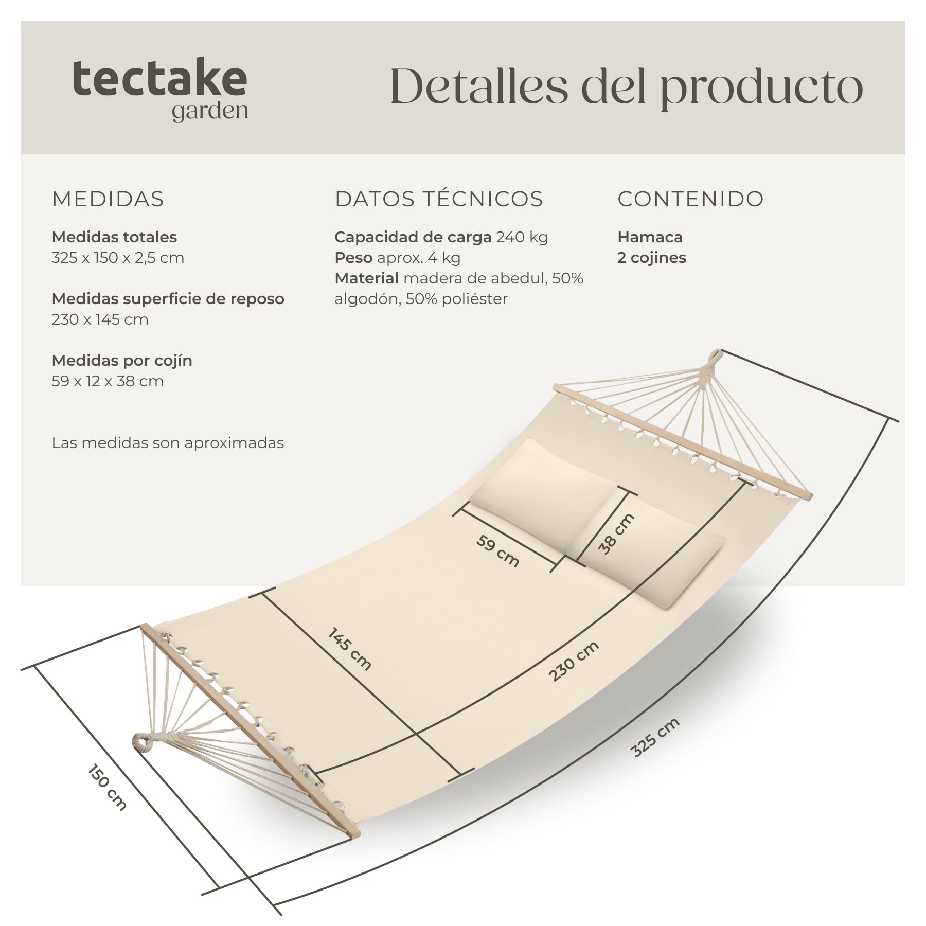 tectake® Hamaca Doble para Jardín, Estructura Hamaca Estable con Cojines Extraíbles, Tumbonas Jardin Exterior Ideal para Camping Accesorios, Terraza o Porche - 325 x 150 x 2,5 cm Beige