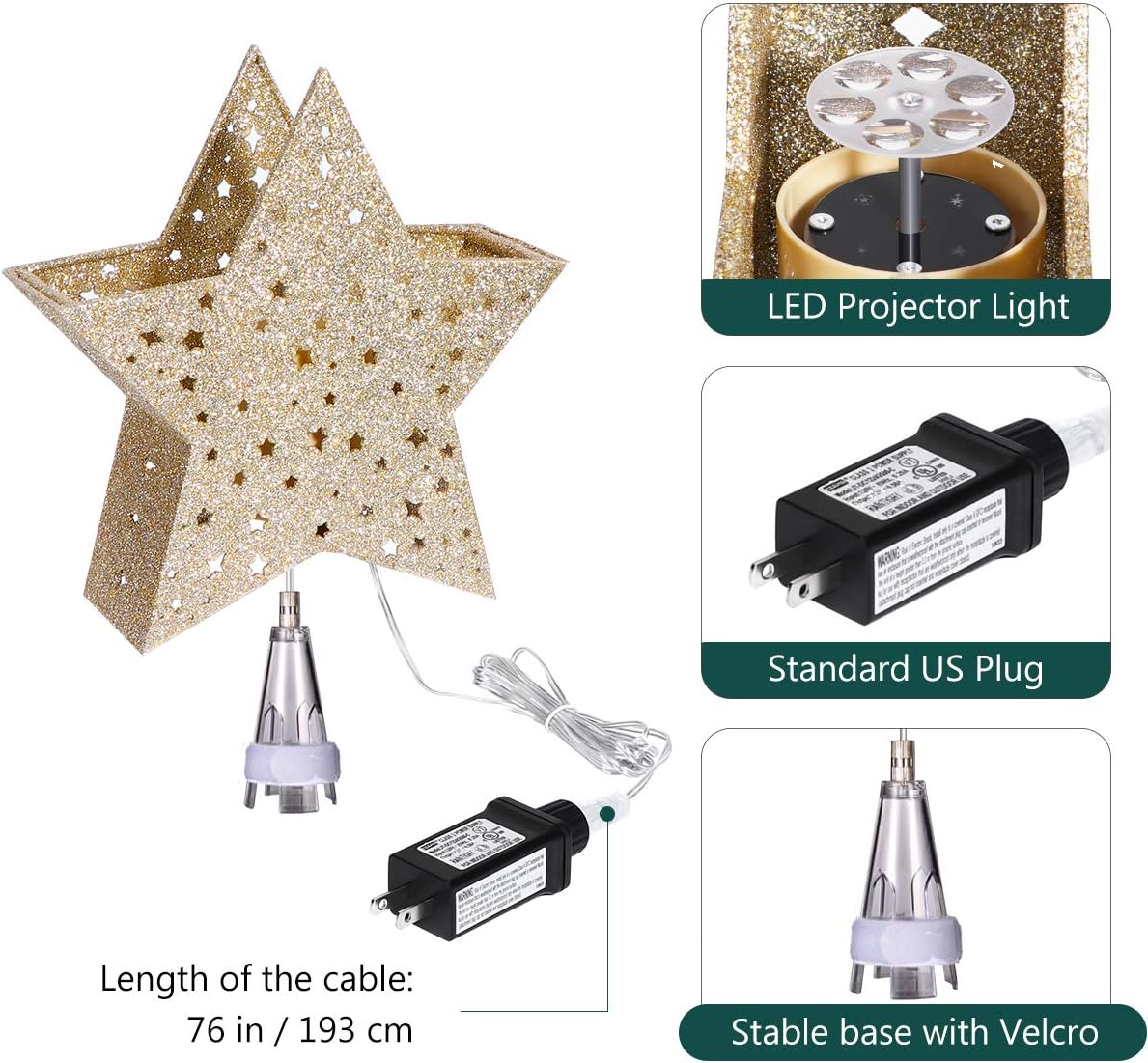 YUNLIGHTS Lighted Christmas Tree Toppers with Rotating Star Projector, Gold Glittered 5 Point Star Tree Topper Starry Night Light for Christmas Nursery Bedroom Decoration, Warm White