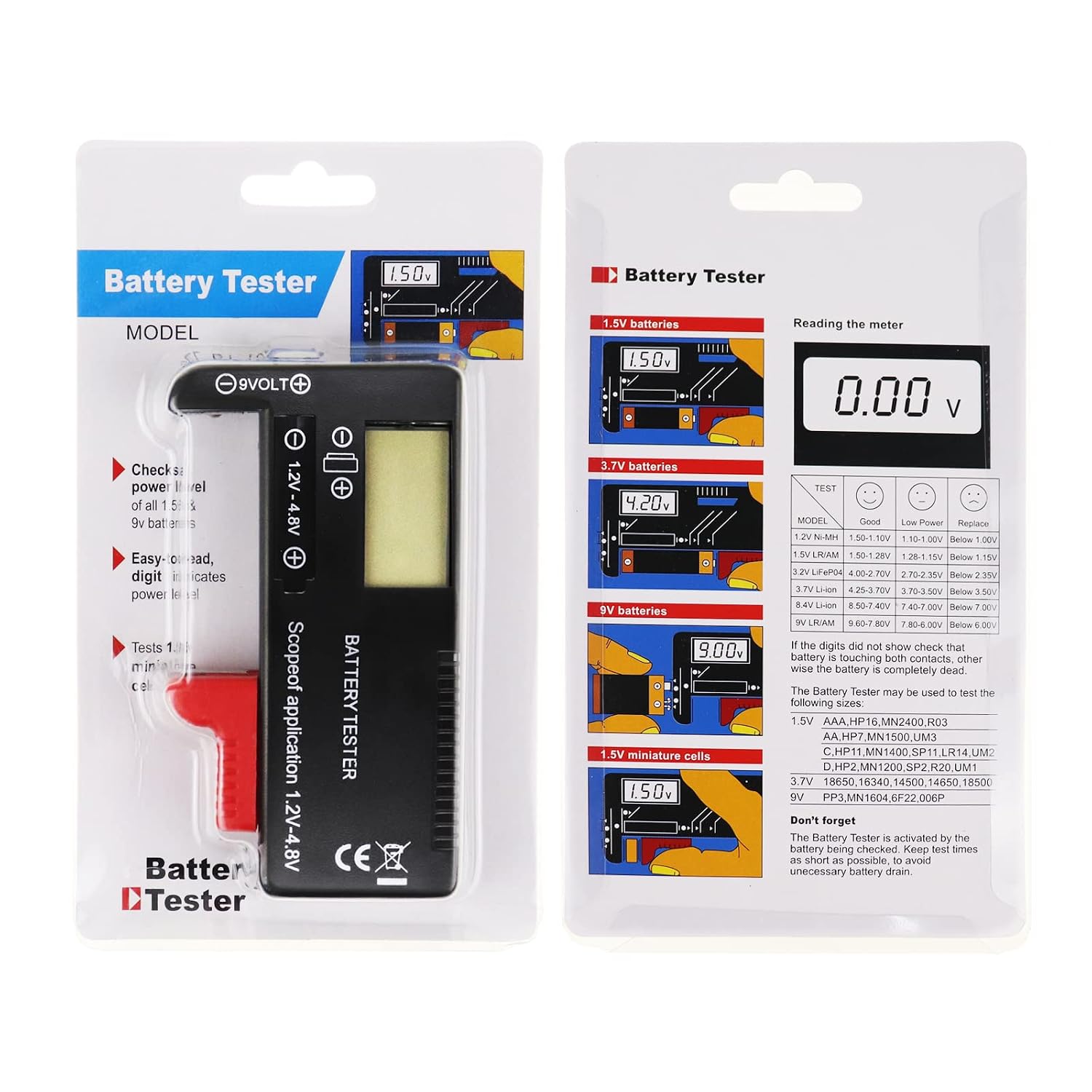 Universal Battery Tester: Volt Checker, Load Analyzer, Display Check for AAA, AA, C, D, 9V, 3.7V, 1.5V Button Cell Household Batteries by TAOBAO