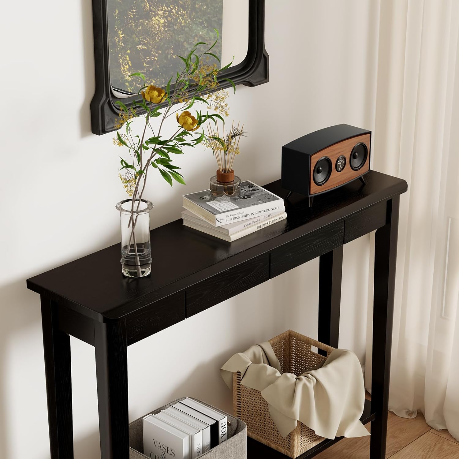AQIMUELE Wood Console Table with Drawers, Mid Century Modern Console Table Black for Entryway, Living Room, Hall Way.