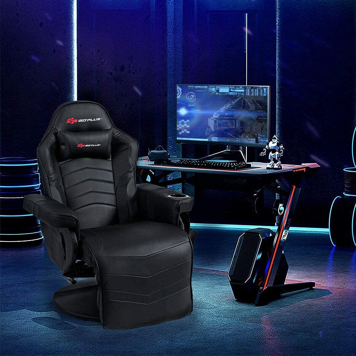 Massage Gaming Chair, Reclining High Back Office Chair w/Adjustable Backrest & Footrest, PU Leather Swivel Ergonomic Computer Chair w/Side Pouch & Cup Holder for Adults (Black)