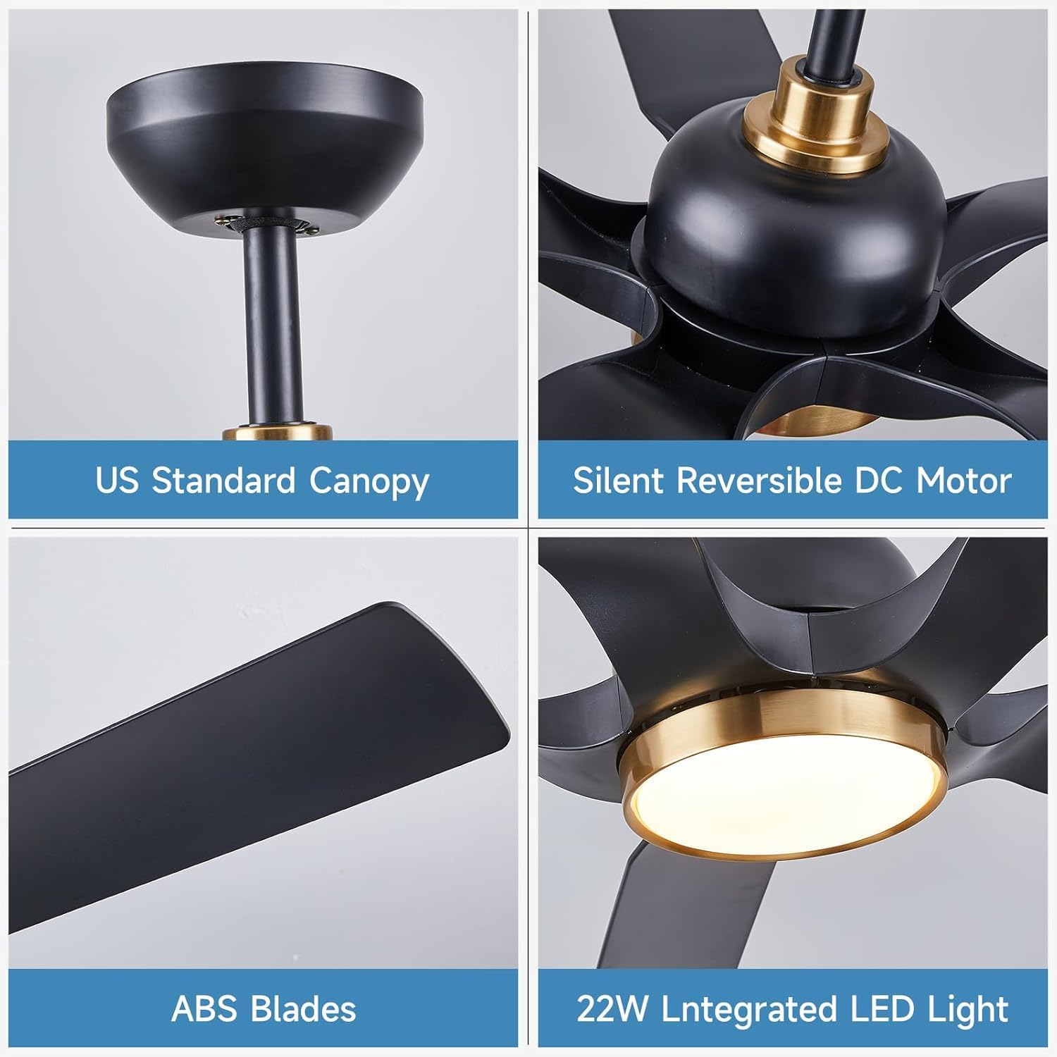 Outdoor Ceiling Fan with Light for Patios, 60 Inch Waterproof Black Gold Ceiling Fan with Remote Control, Damp Rated Outside Fan with Reversible Quiet DC Motor for Indoor Exterior