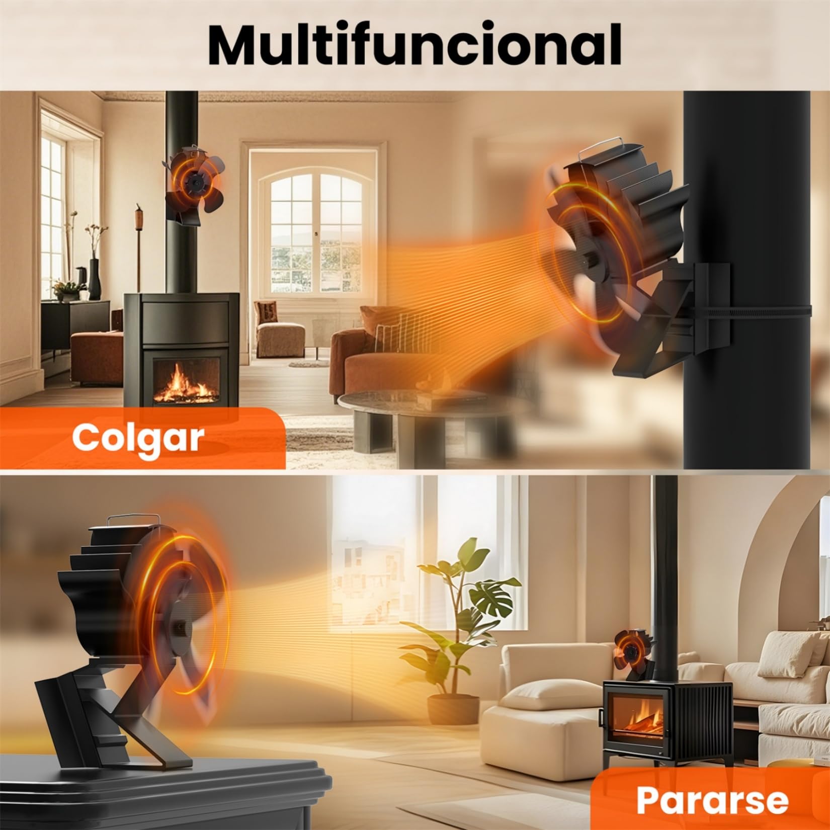 ventilador estufa leña, ventilador chimenea para estufa de leña, 2 en 1 silencioso ventilador chimenea leña sin electricidad,de leña para madera, leña, repuesto