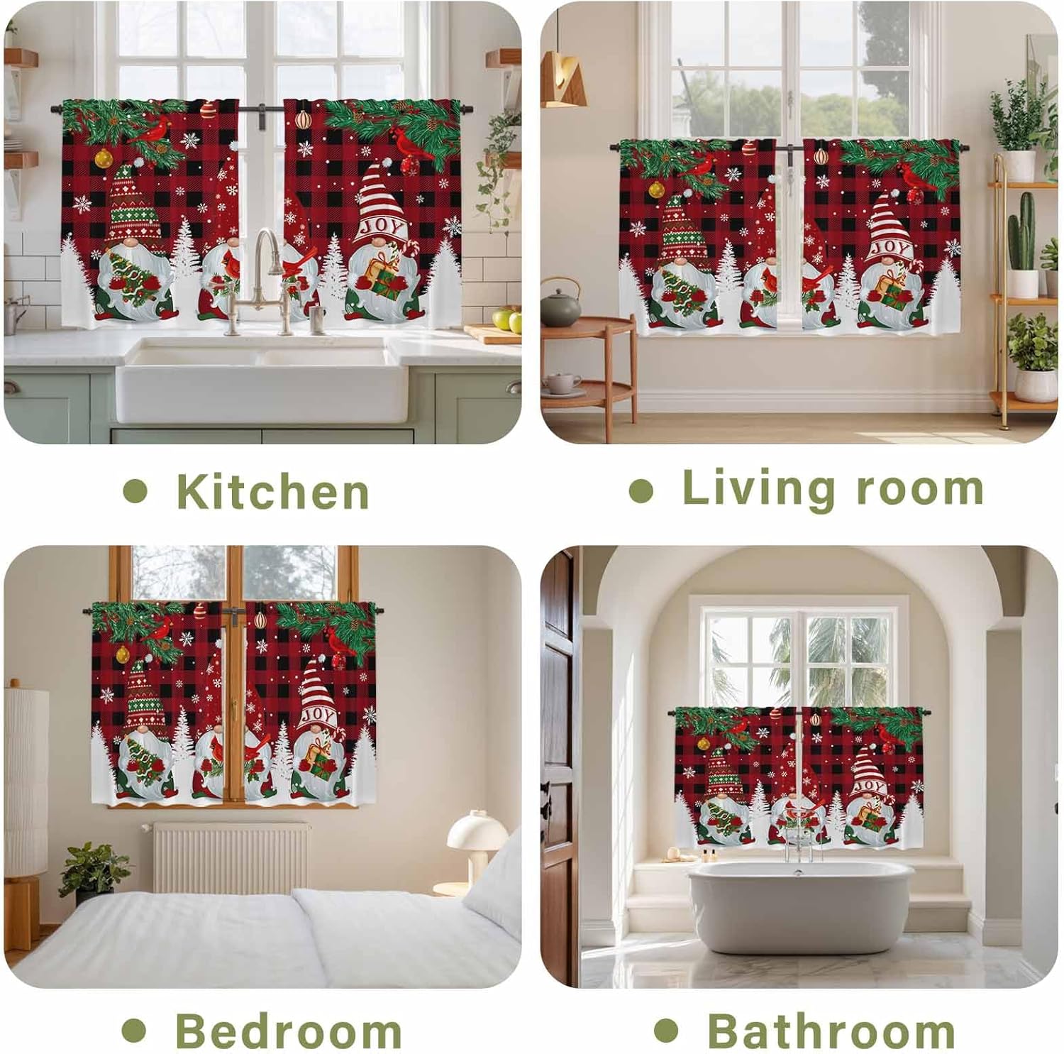 Christmas Gnomes Kitchen Tier Curtains 45 Inch Long 2 Panel Set,Rod Pocket Short Window Treatment,Buffalo Plaid Joy Pine Branch Cardinal Birds Curtains & Drapes for Bathroom Basement 27.5"W x 45"L