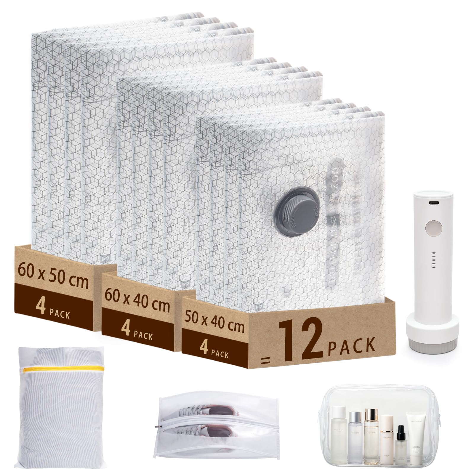 Sacchetti sottovuoto da viaggio con pompa elettrica ricaricabile, set da 16 pezzi con 12 sacchetti sottovuoto riutilizzabili, borsa per scarpe, borsa per bucato e borsa da toilette