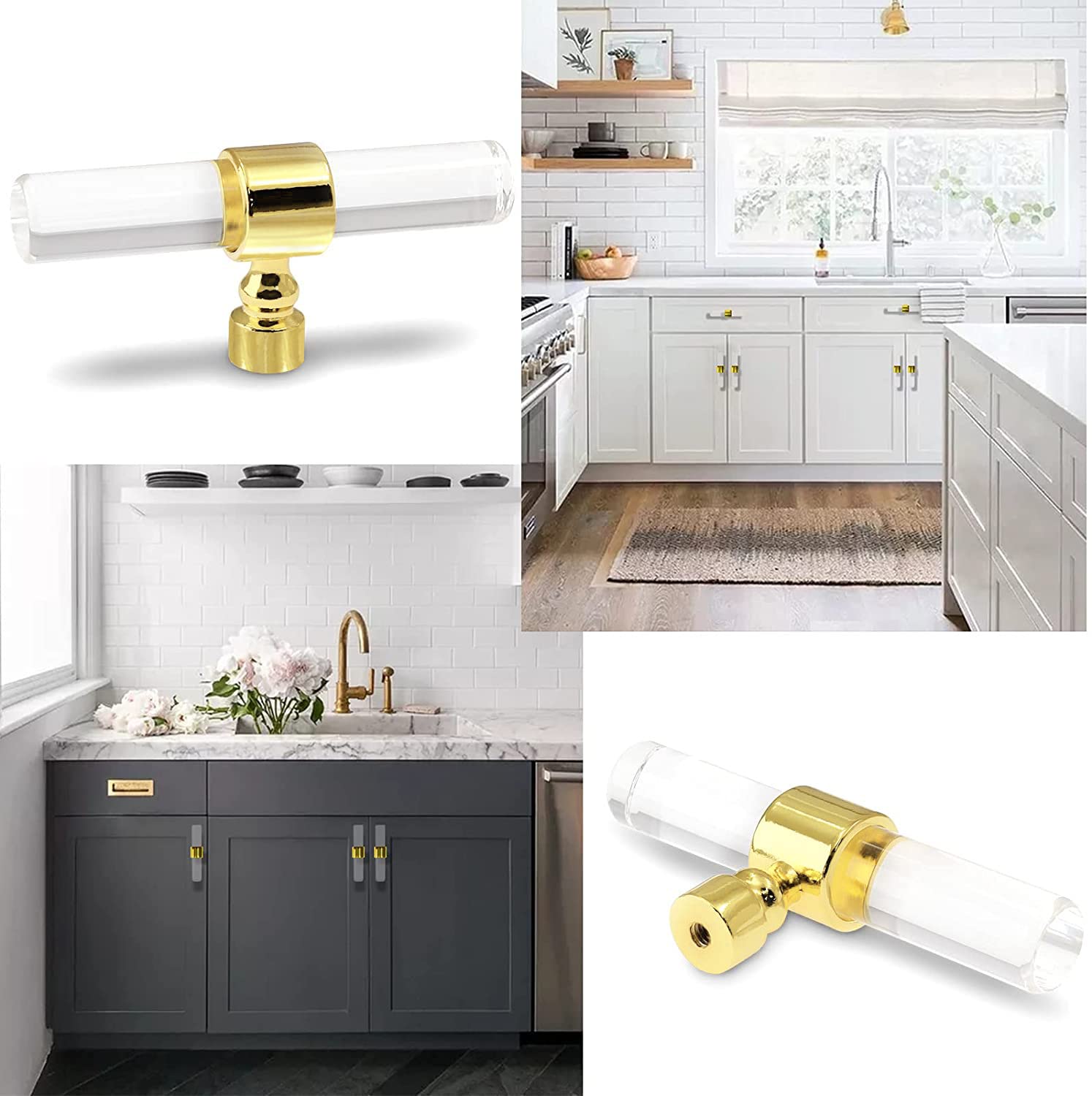 Cionyce 6 Pack Acrylic Cabinet Knobs Brushed Gold Drawers Knobs, Clear  Single Hole T Bar Cabinet Pulls for Dresser Drawers Kitchen Cabinet, 3.15"  Overall Length - Amazon.com