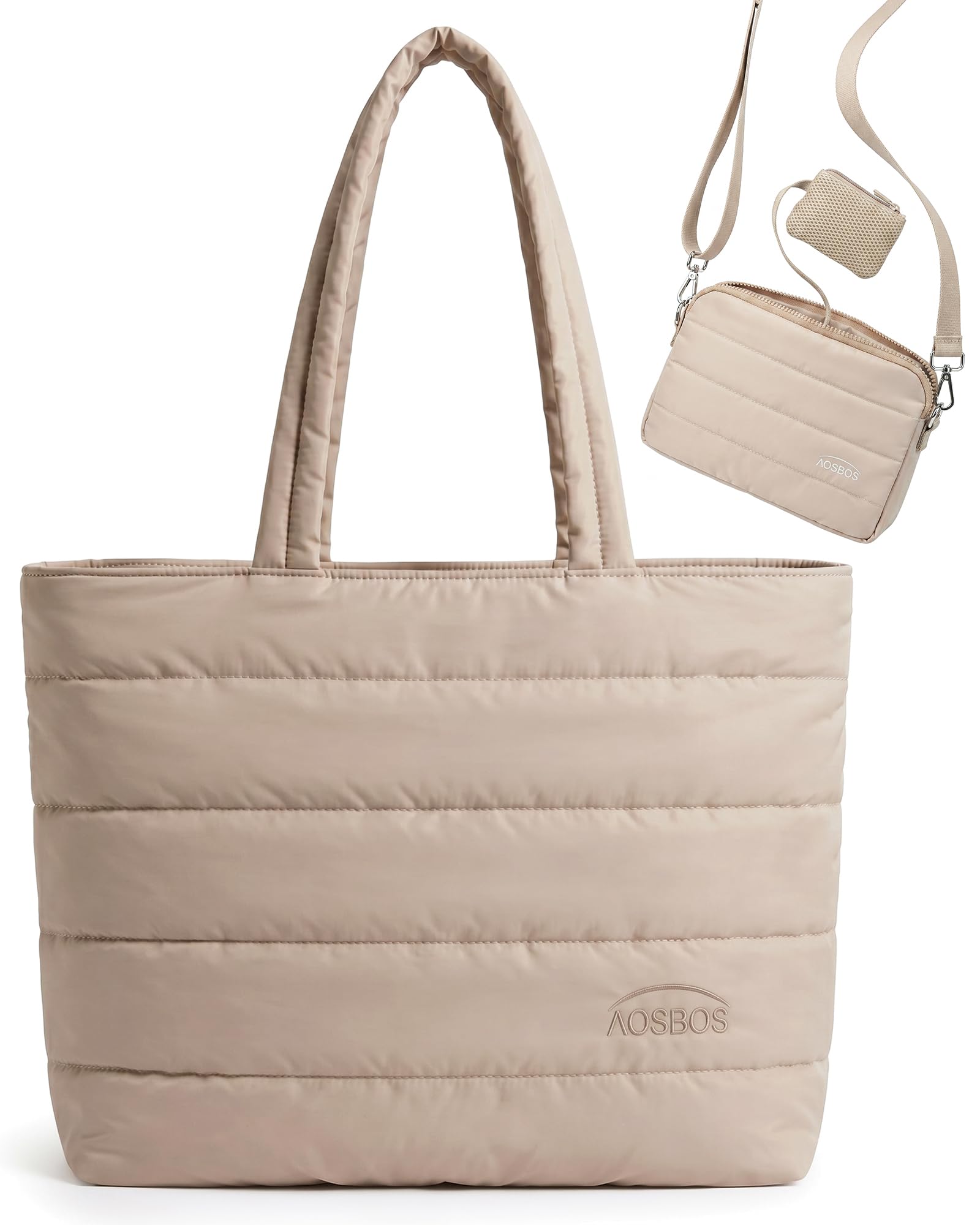 AOSBOS Sac Cabas Femme, Tote Bag Femme Grand Format, Sac Fourre-Tout Femme Déperlant avec Compartiment Ordinateur, Sac de Travail Multipoches, Sac Matelassé 2-en-1 avec Sac Bandoulière