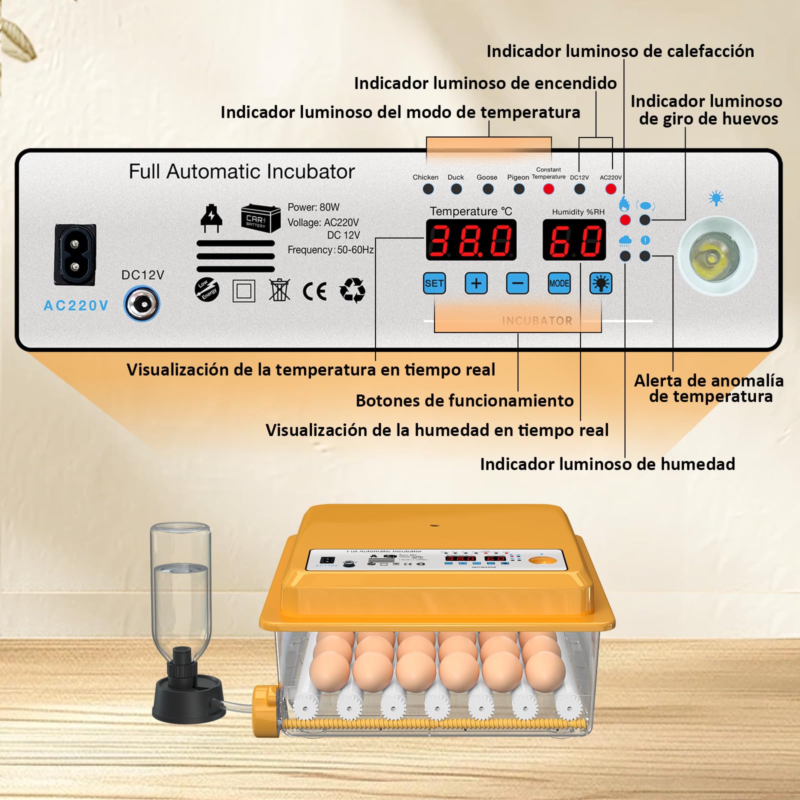 Incubadora Huevos Gallina para 36 huevos, Incubadora de Huevos Automatica con Control Temperatura, 5 Modos de Incubación Automáticos, Pantalla de Humedad, Llenado Automático de Agua y Volteo