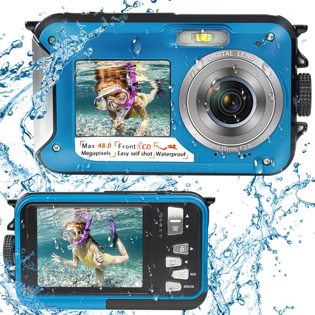 Waterproof Camera Full HD 2.7K 48MP Underwater Camera for Snorkeling Dual Screen Waterproof Digital Camera with Self-timer and 16X Digital Zoom Blue