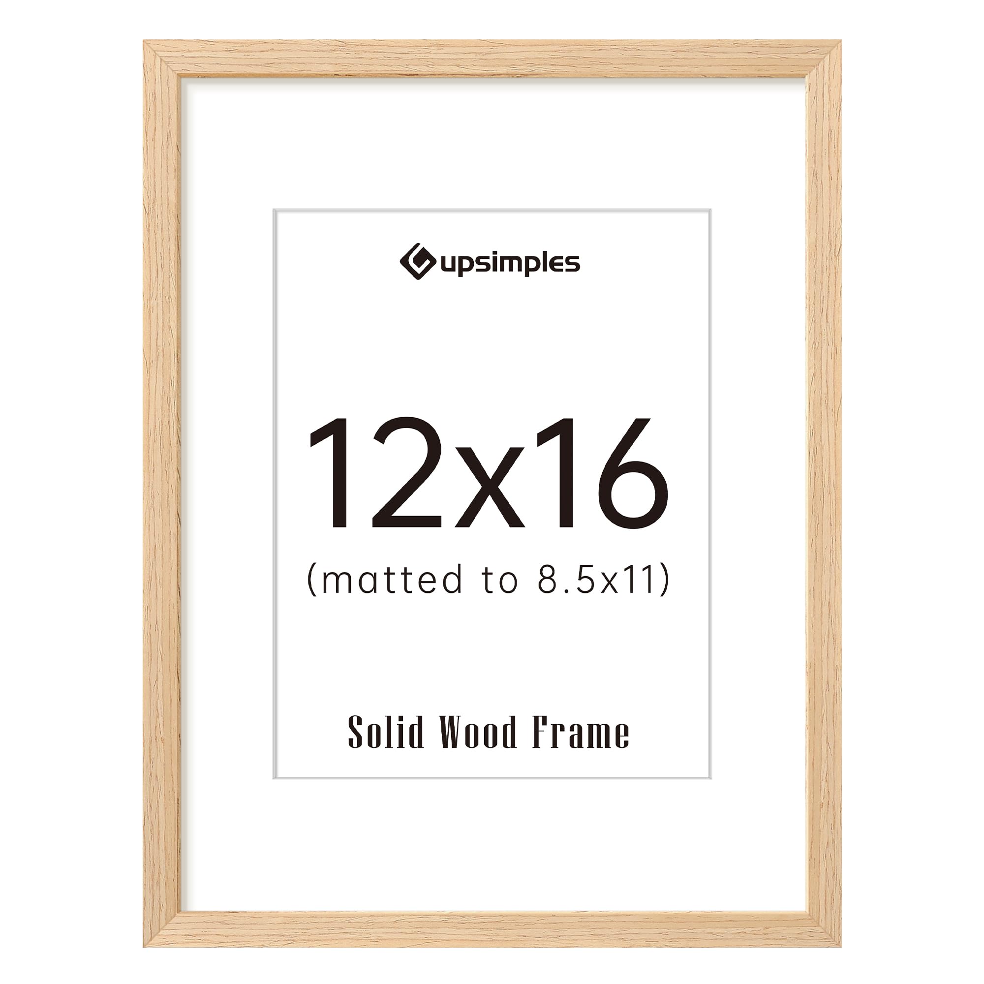 upsimples 12x16 Frame, Natural Solid Wood Picture Frames, Display 8.5x11 with Mat or 12 x 16 Without, Vertical & Horizontal Wall Hanging, 1 Pack, Natural