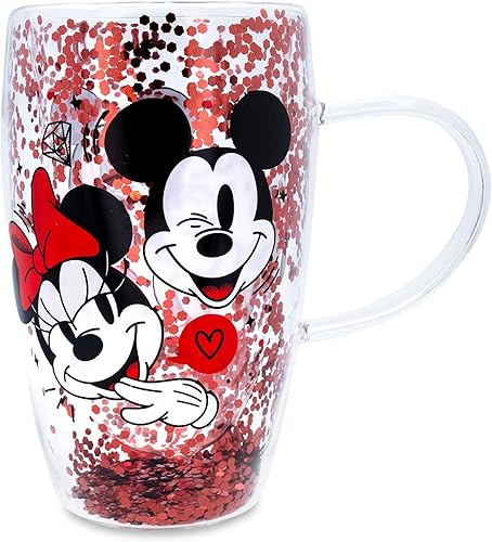 Taza de cristal de confeti de Mickey y Minnie con corazones y diamantes de Disney, capacidad para 15 onzas