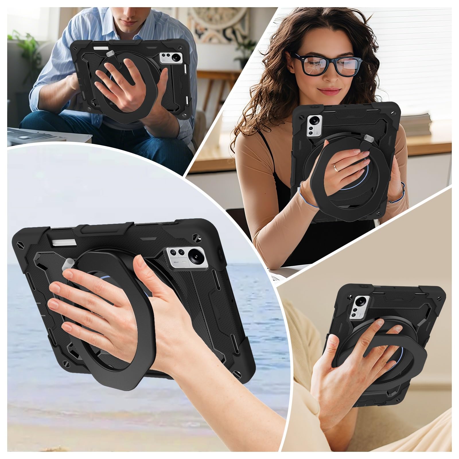 Custodia protettiva completa, resistente, per Xiaomi Mi Pad 5 Pro da 12,4 pollici, supporto girevole a 360°, tracolla, portapenne e anello per impugnatura, copertura antiurto, per bambini e adulti