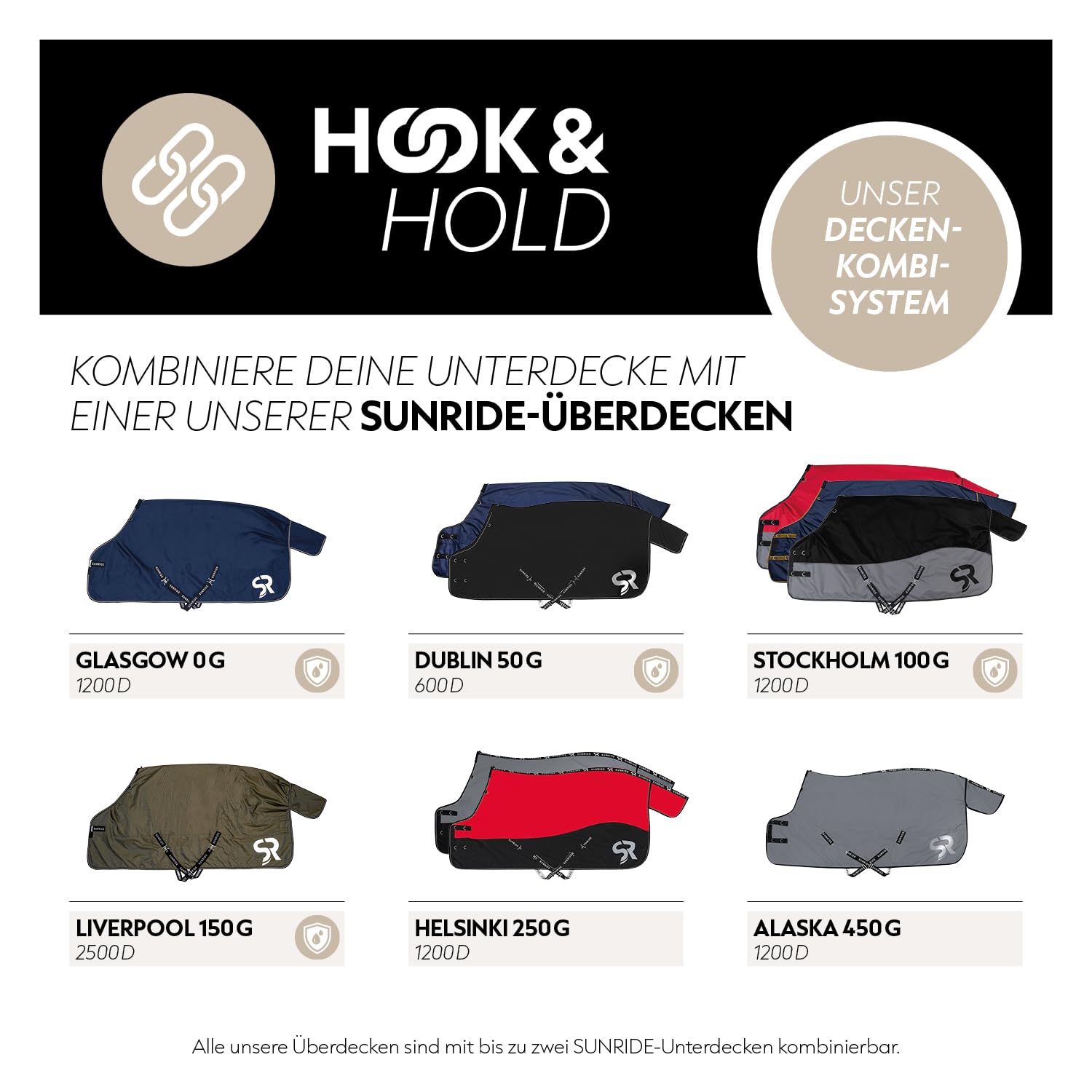 SUNRIDE Manta Interior de 150g para Caballos - Puede combinarse de Manera Flexible con Nuestras Mantas de Invierno y Capas Impermeables (135 cm, Negro)