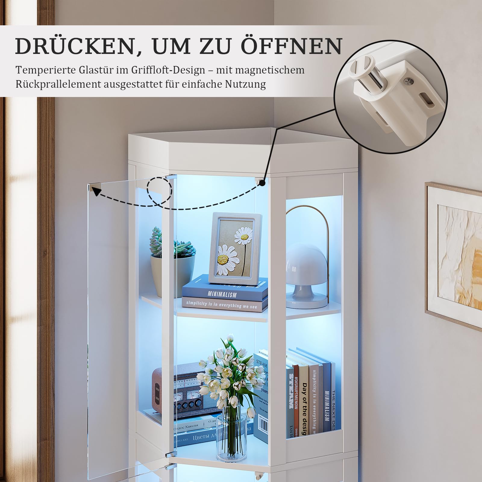 178 cm Eck-Glasvitrine mit LED-Beleuchtung, 4 Ablagen & Glastüren, Weiß