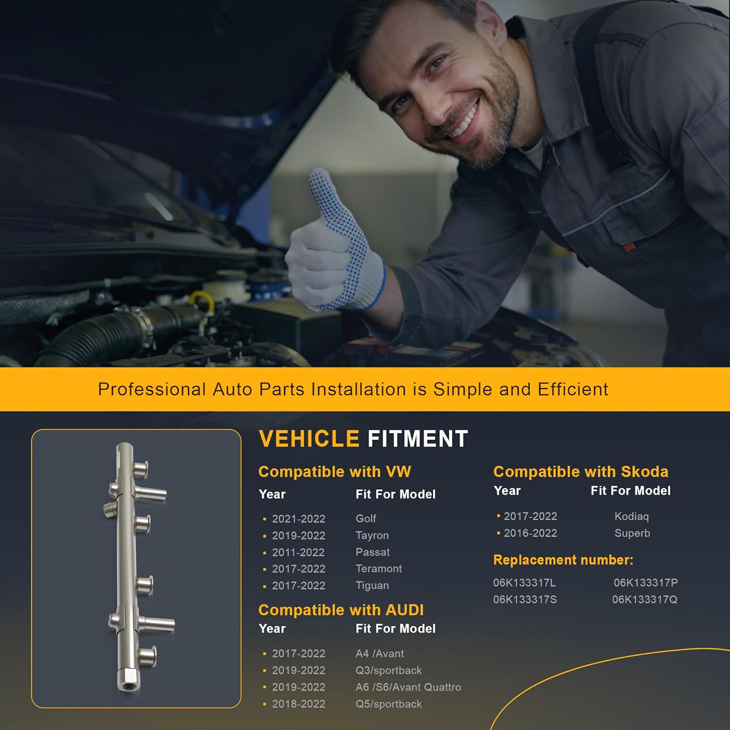 06K133317L Engine Fuel Distributors Rail 06K133317S Compatible with 1.8T 2.0T Audi A4 A6 S6 Avant Quattro Q3 Q5 VW Golf Tayron Passat Teramont Tiguan Skoda