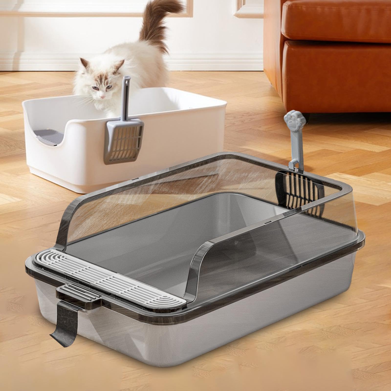 Caja de Arena para Gato Caja Sanitaria para Gatos Bandeja Higiénica de Gatos Recipiente Sanitario de Material PP Estructura Abierta Adecuada para Gato
