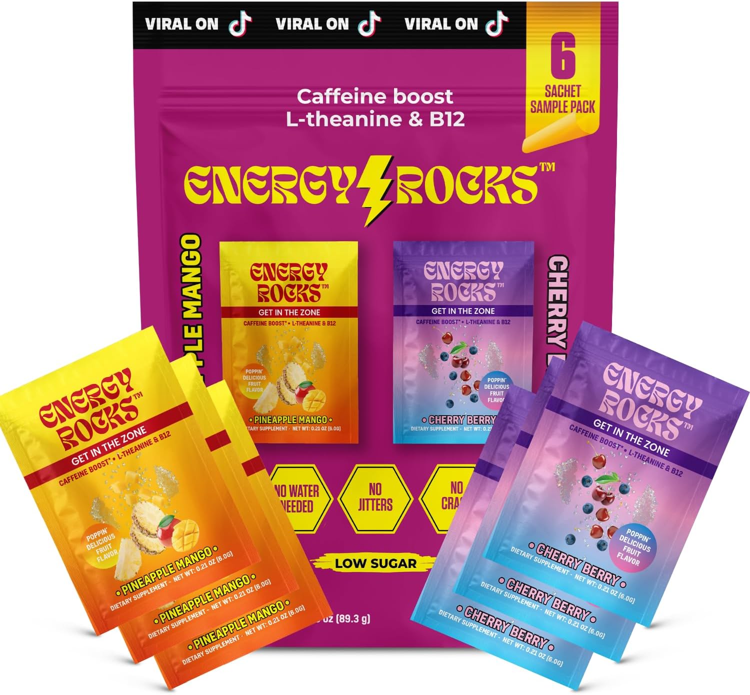 No Water Energy Packets - Instant Energy Supplement with 100mg Caffeine + L-Theanine + B12, Pre Workout, Zero Crash Formula (6 Sachets, Cherry Berry & Pineapple Mango)